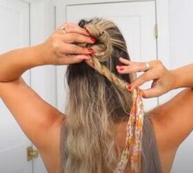 scarf hairstyles, Creating a half up twisted bun with a scarf