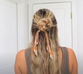 scarf hairstyles, Half up twisted bun with a scarf