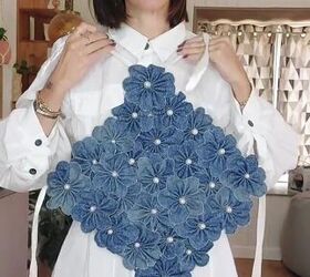 diy denim flower top, Putting on the denim flower top