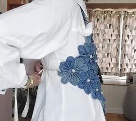 diy denim flower top, Putting on the denim flower top