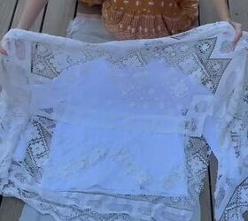 She lays a Walmart t-shirt on a scrap of lace tablecloth for this breathtaking transformation