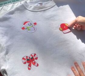 making your own christmas sweater is this easy, Adding the patches