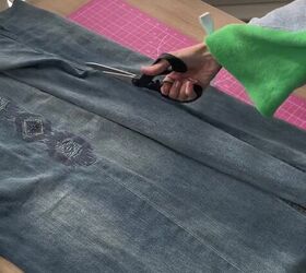 She cuts the side seams off her old jeans for this cool nostalgic upgrade