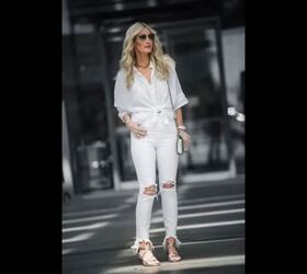 how to wear white jeans style do s and don ts for women over 40, Highly frayed jeans are outdated