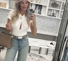 how to look younger in denim the ultimate guide for fashion over 40, Ivory top with cutout detail