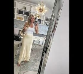 High-waisted butter yellow maxi skirt with lace trim and basic white halter top
