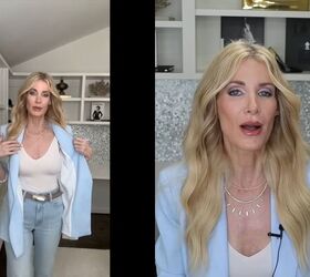 Belted, high-waisted light wash jeans with tucked top and light blue blazer