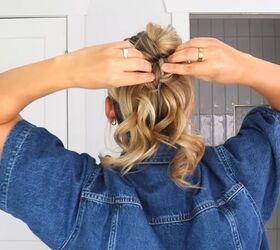 simple knot bun tutorial for a cute easy updo hairstyle, Positioning 2nd knot close to 1st securing with pins and stretching it