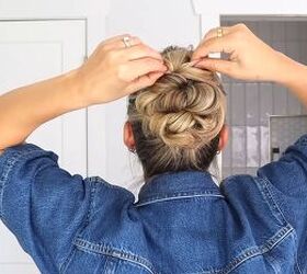 simple knot bun tutorial for a cute easy updo hairstyle, Gently pinching and pulling sections for soft volume