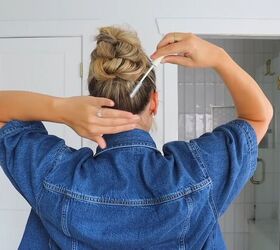 simple knot bun tutorial for a cute easy updo hairstyle, Cleaning up flyaways with styling cream on applicator brush