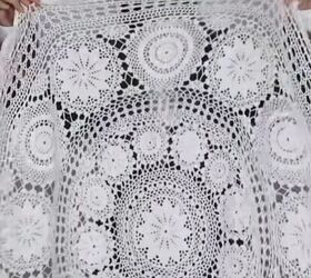 She uses a lace tablecloth and hair elastics and makes this look happen